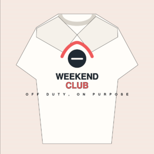 Weekend Club Graphic Tee in warm white with original coral and navy design